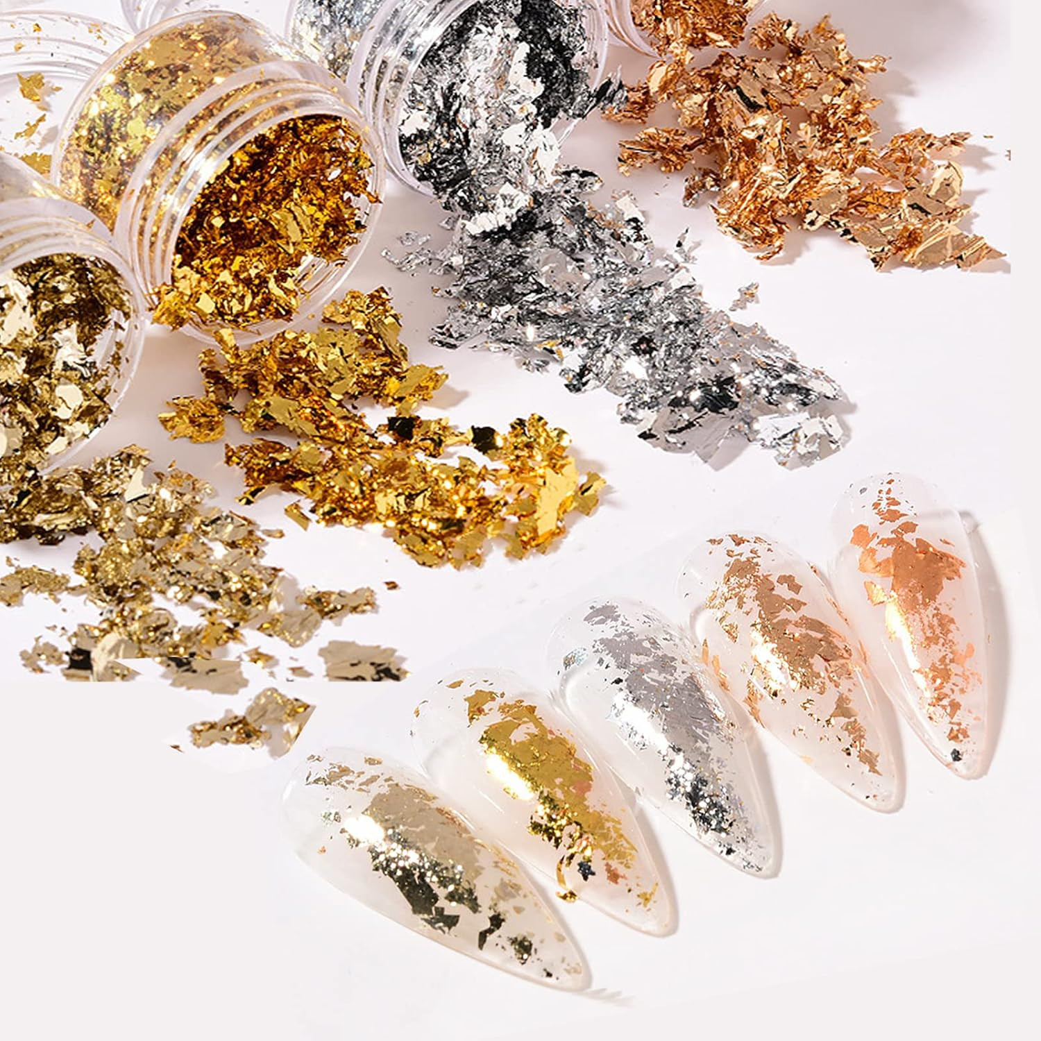 Nail Foil Flakes 4 Bottles Gold Foil Flakes Metallic Gold Foil Set for Nails, Re