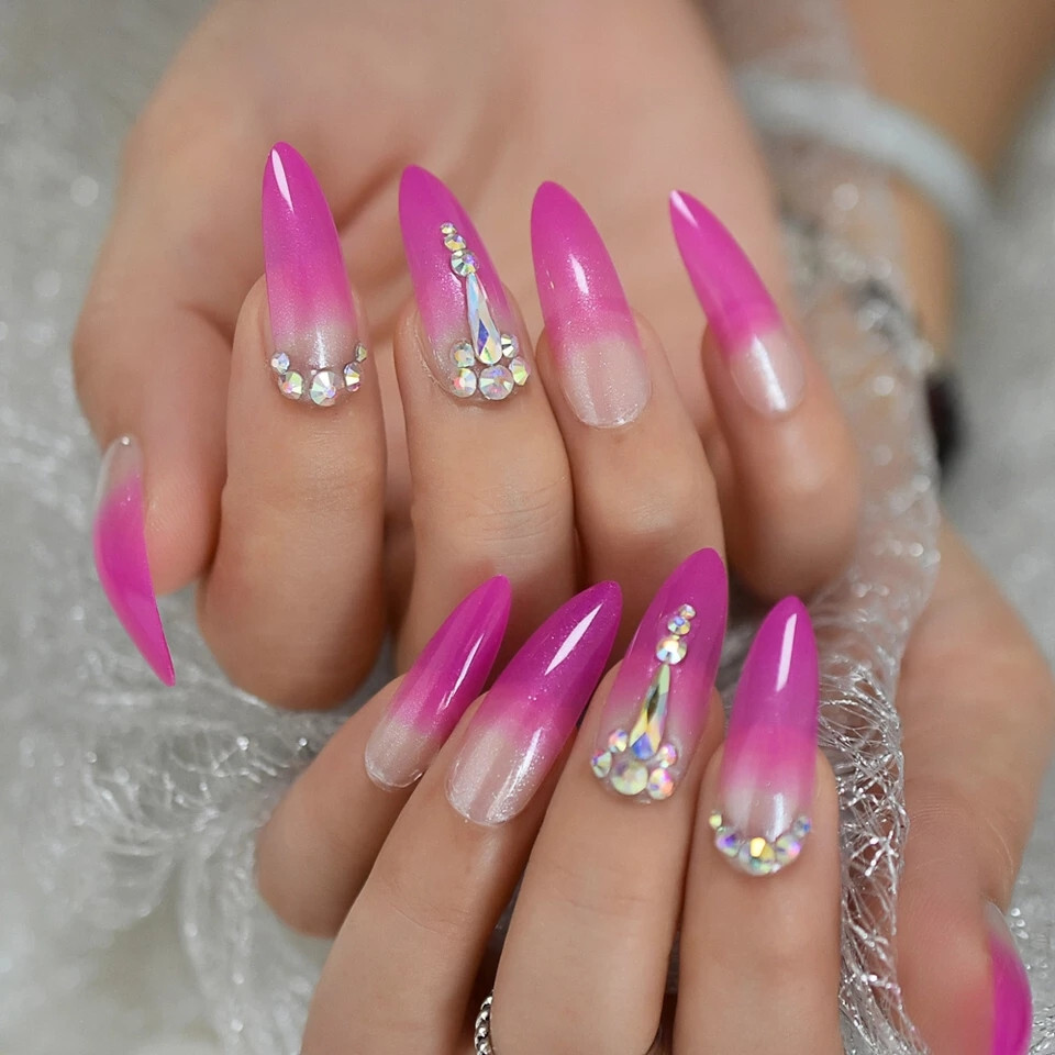 24 Press on nails Kit w Glue Long stiletto ombre fuchsia pink gems india wedding