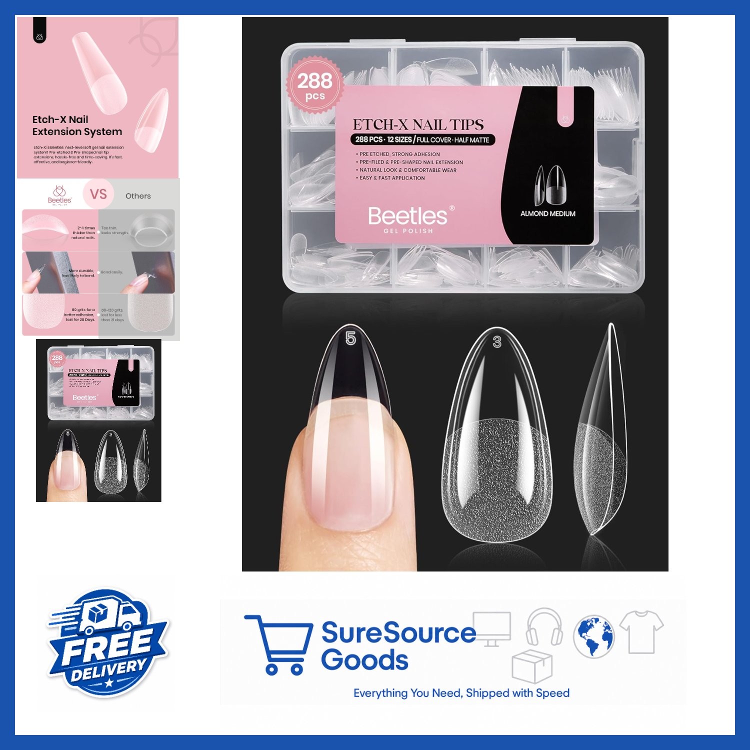 Beetles Gel Nail Tips Medium Almond 288 PCS Half Matte Full Cover Press On
