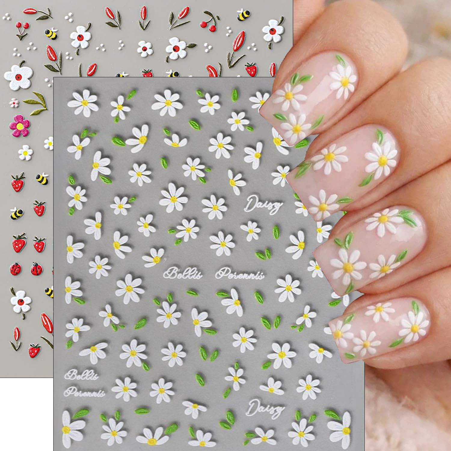 2 Sheets 5D Flower Nail Art Stickers Decals Embossed Daisy Nail Decals Bee La…