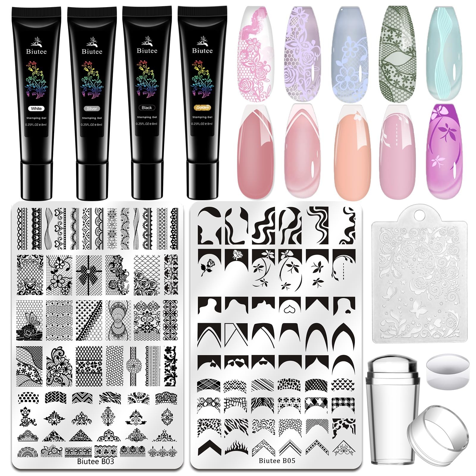 Biutee Nail Stamping Kit 2Pcs Lace Stamping Plates 4Pcs Stamping Polish