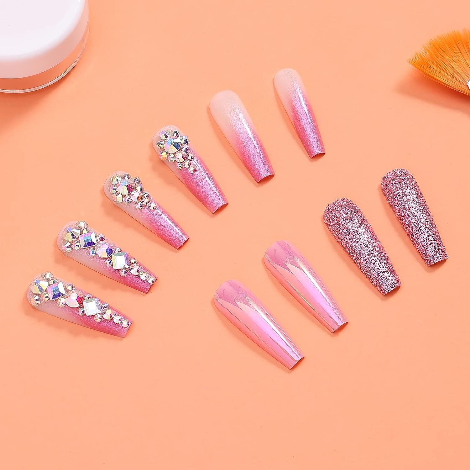 36pcs Easy to Apply Pink Ombre Press-On Nails with 3D Gems – Perfect for Parties
