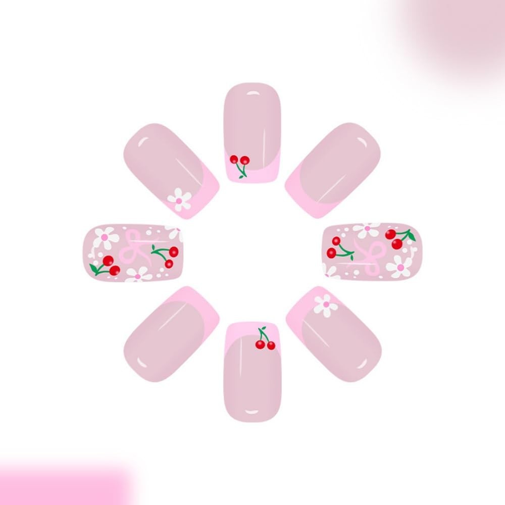 French Tips Press on Nails Medium Square Fake Nails with Flower Bow Design Gl…