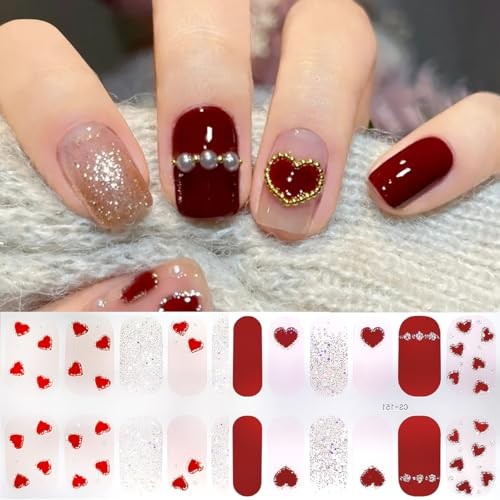 6 Sheets Valentine’s Day Nail Wraps Stickers 3D Red Heart Nail Polish Strips