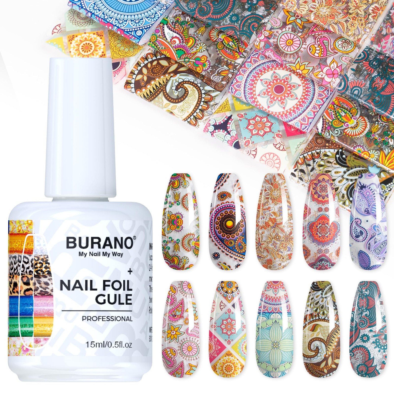 Nail Art Nail Foil Glue Gel, o.5 oz with 10PCS Foil Stickers Set Nail Foil Gl…