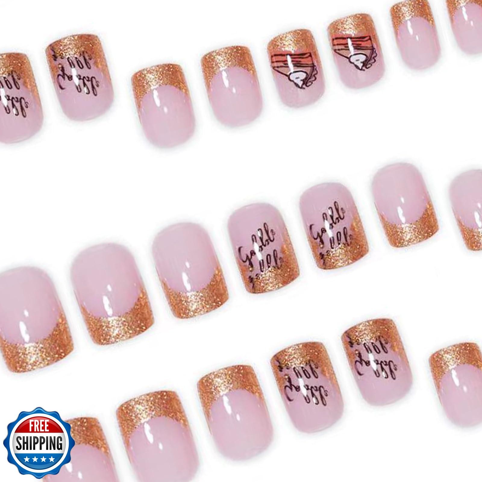 SHUXILIN Thanksgiving Press on Nails Short Square Fake Nails with Turkey Pizz