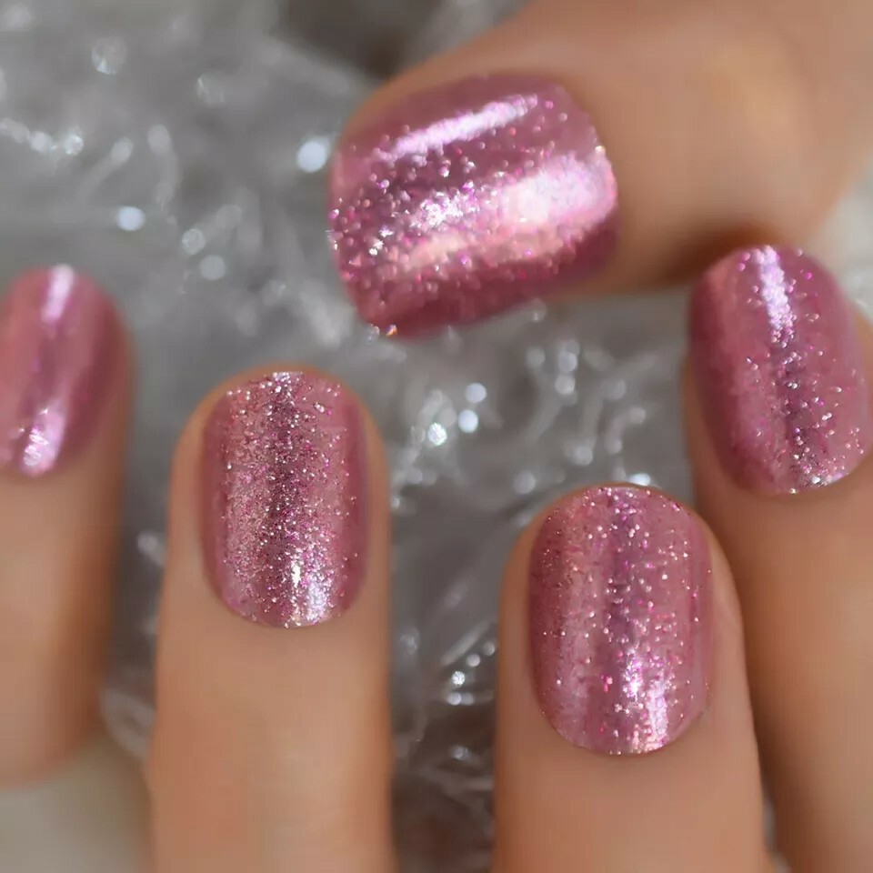 Pink Glitter Press on Nails with glue short rose gold sparkle