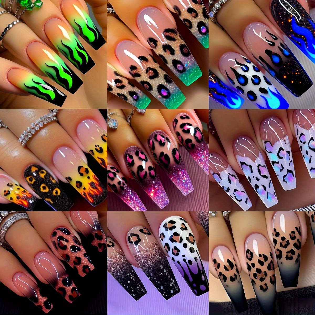 216pcs Bold Leopard Flame Press On Nails Neon Color Long Fake Nails for Party