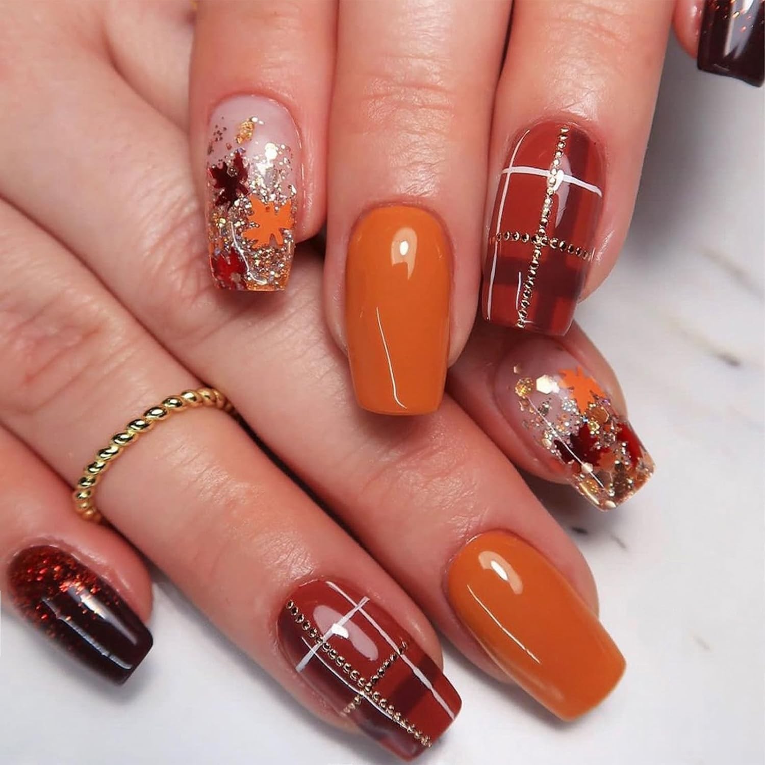 Press on Nails Fall Medium Maple Leaf Fake Nails Autumn Brown Plaid Square Gl…