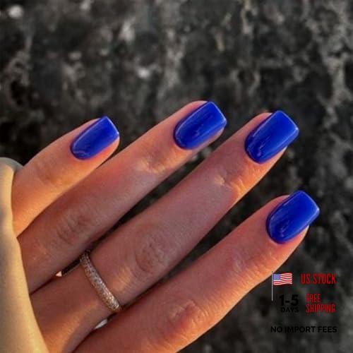 Royal Blue Press on Nails Short Square Fake Nails Glossy Chrome Medium Style 2