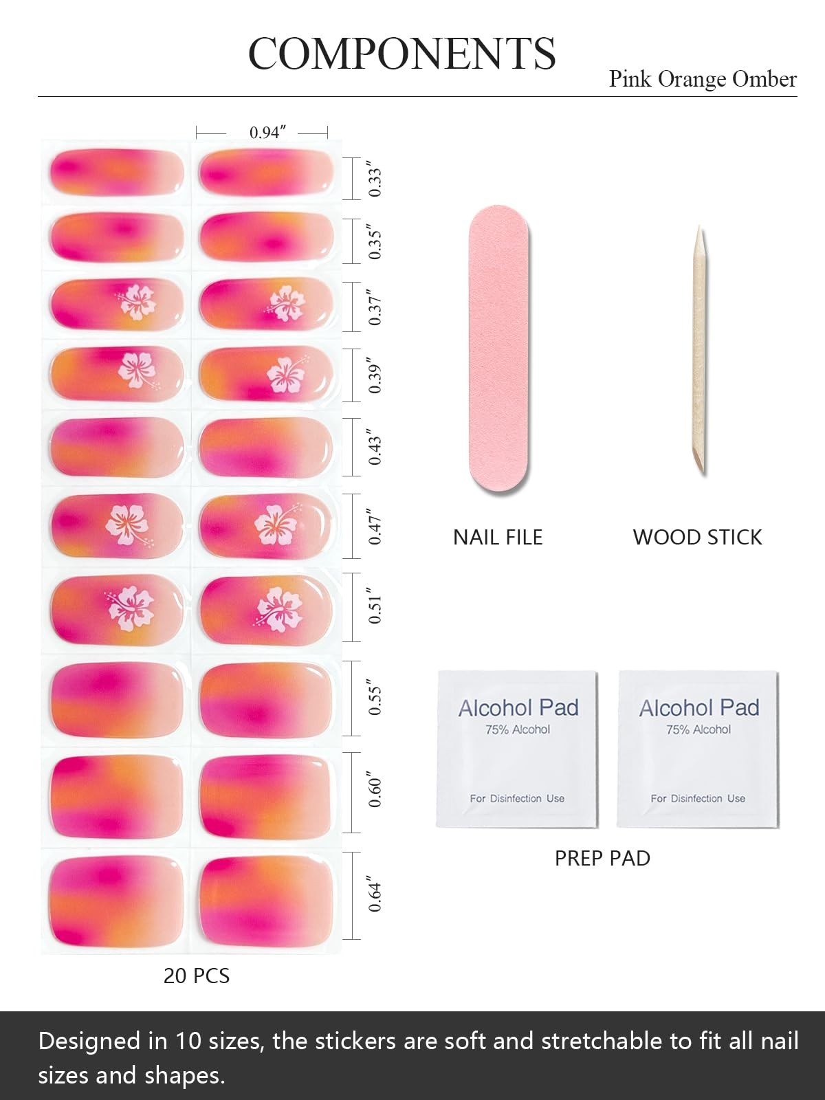 Semi Cured Nail Strips (Pink Orange Omber), 20 Pcs Summer Nail Wraps, Sticker…