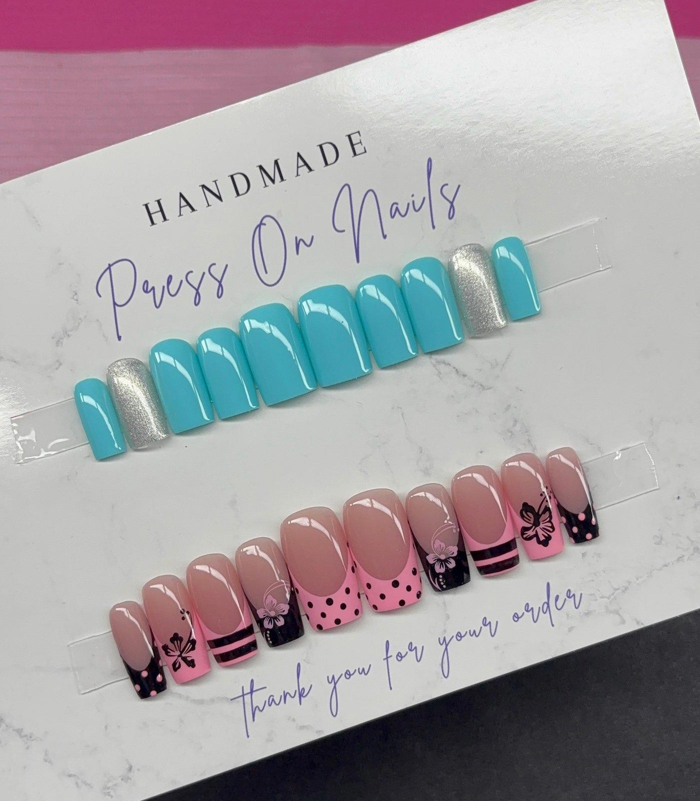 Short square and medium square press on nails spring pink black teal silver