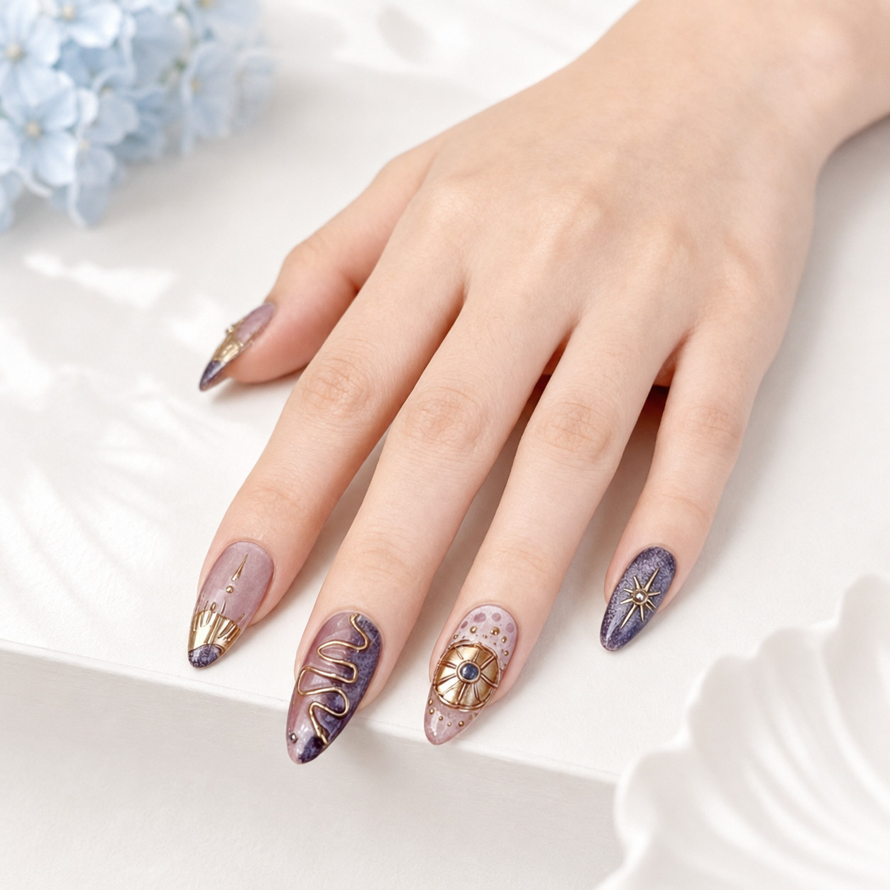Press On Nails Medium Almond Celestial Moon Star Gold Purple Rhinestone Nail Set