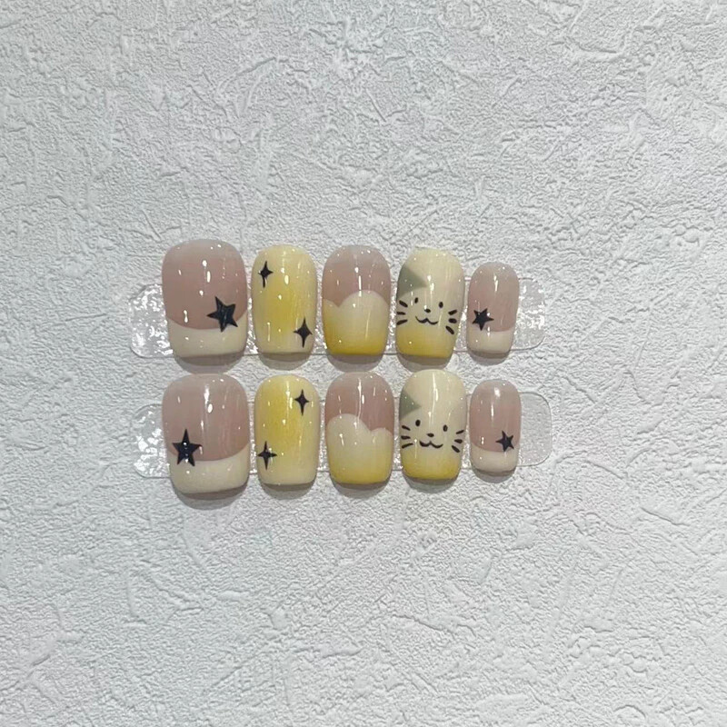 Handmade French Handpainted Cute Animal 3D Bow Fake Nail Short Press On Nail Set