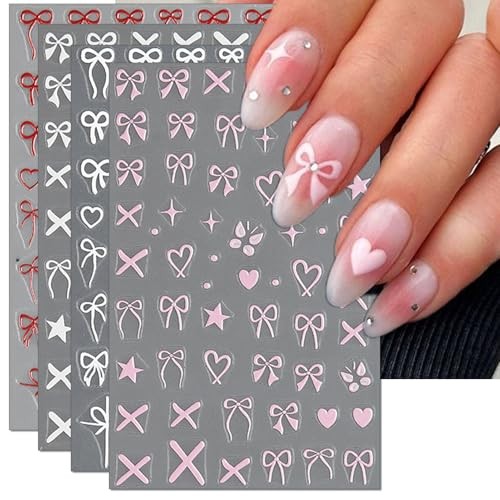 Bow Nail Art Stickers – Valentines Day Pink Heart Bow Self-Adhesive Bow&Heart
