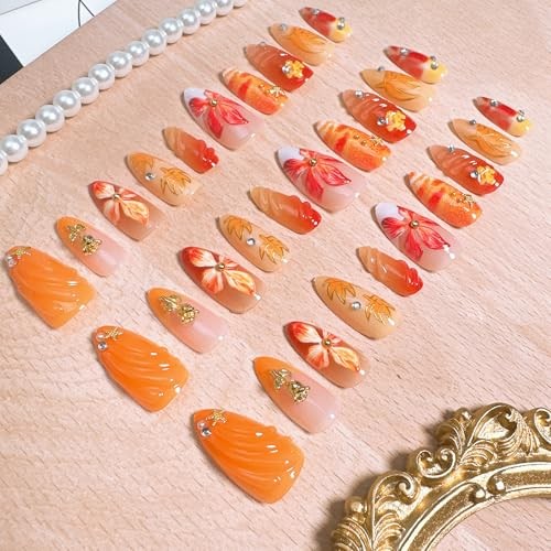 30Pcs Fall Press on Nails Medium Almond White French Tip Fall Flower Nails-14