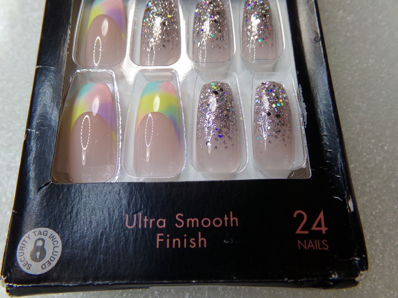 Kiss Fantasy Artificial Nail Long Rainbow Pastel French with Glitter