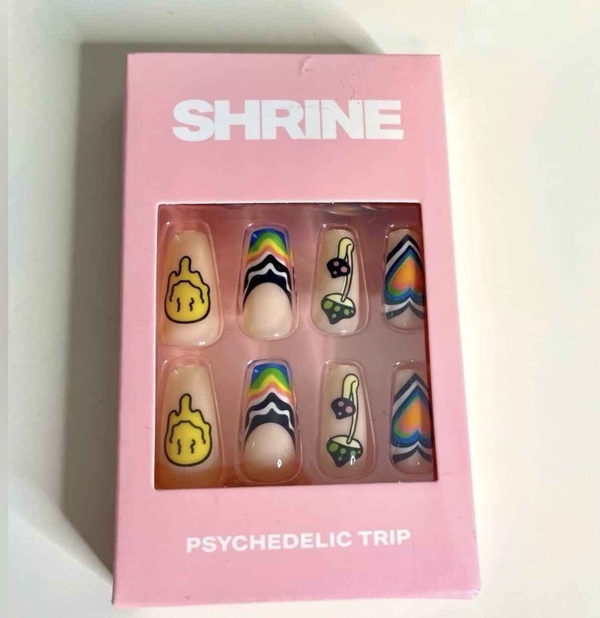 Urban Outfitters Shrine Psychedelic Press On Fake Nails. Mushroom smiley hearts