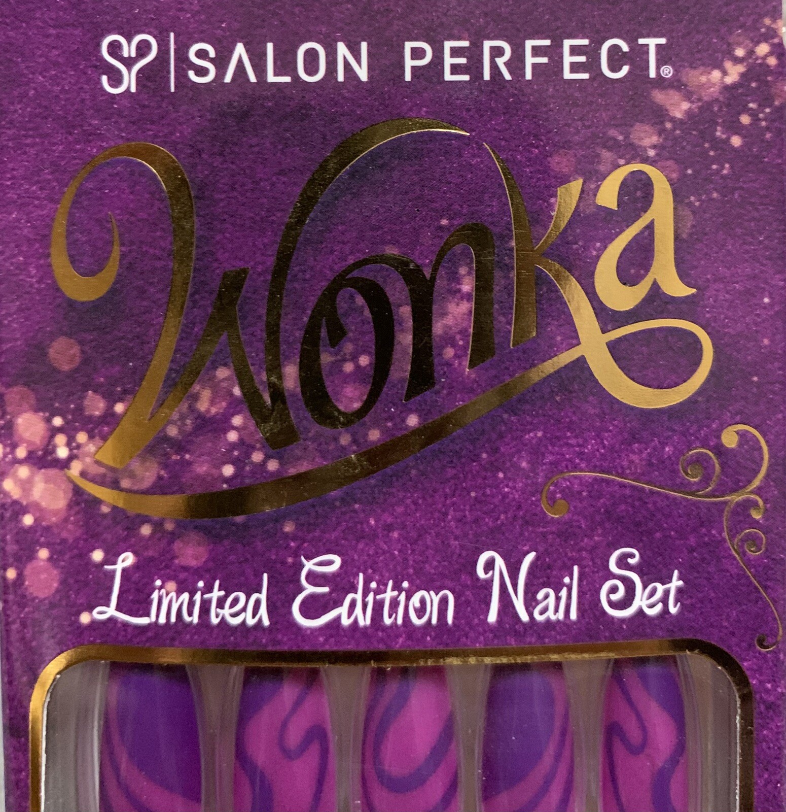 NEW Salon Perfect WONKA~PURPLE SWIRL Limited Edition 30ct Glue-On Faux Nail Set