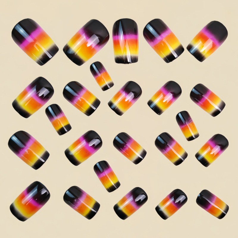 48Pcs-Medium Square Black Rainbow Gradient Cat Eye Glitter Press on Nails Set
