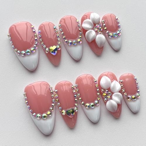 Handmade Medium Almond French Tip Press-On Nails, 3D Floral Design, Thick Acryli
