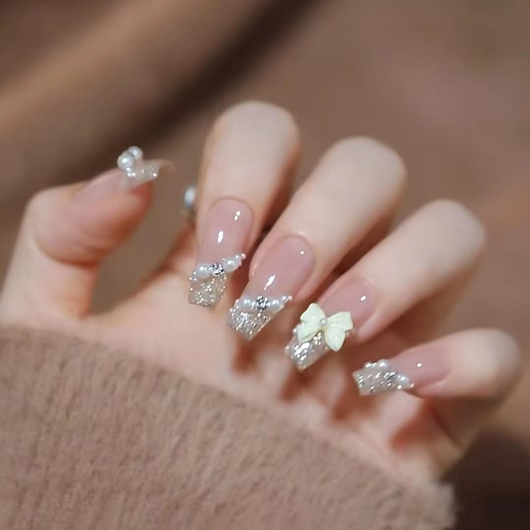 Secret Lives Glossy Artificial Translucent Pink Color with 3D Bow Pearls 24 Nail