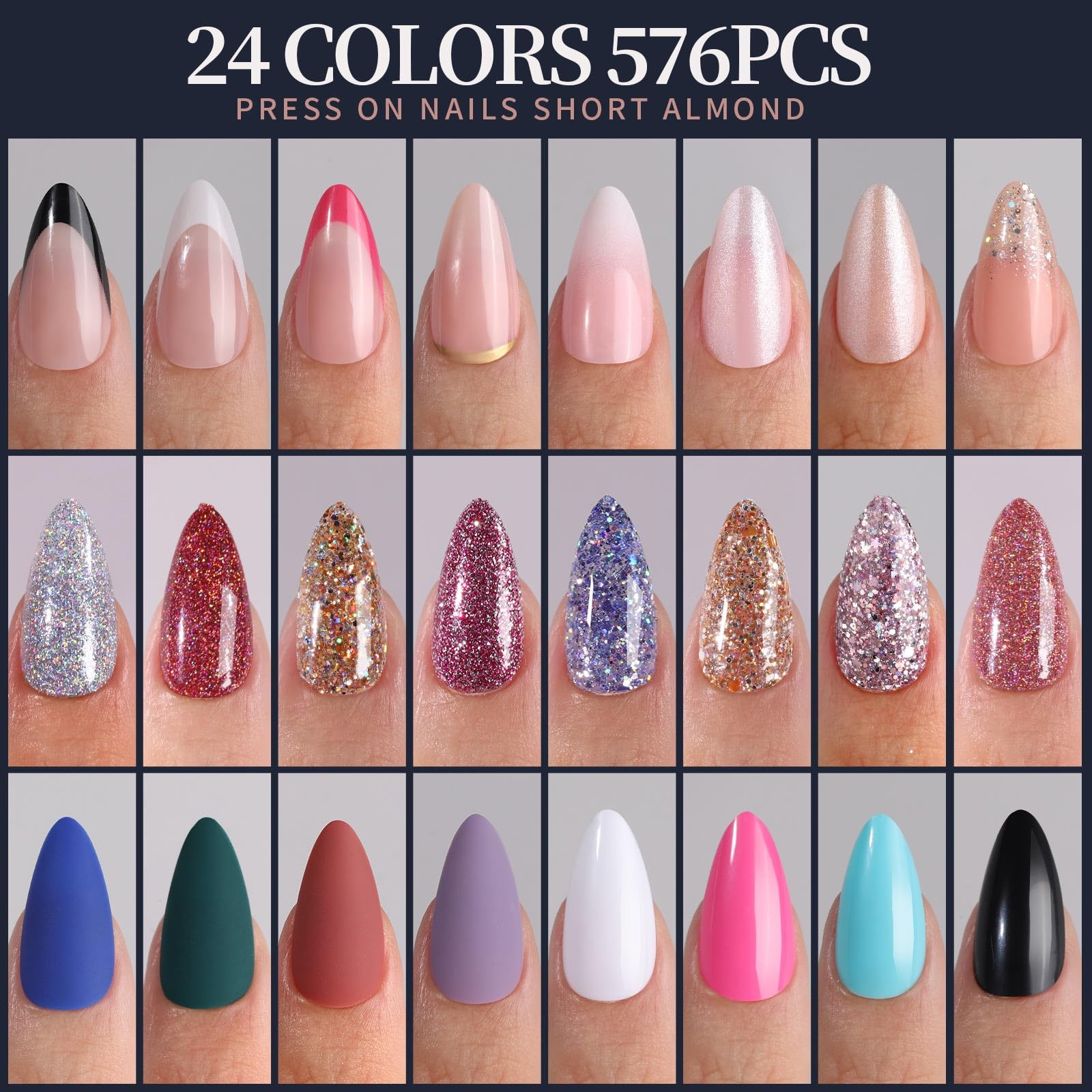 Press on Nails, 24 Colors 576PCS Press on Nails Almond, Matte Glossy Press on…