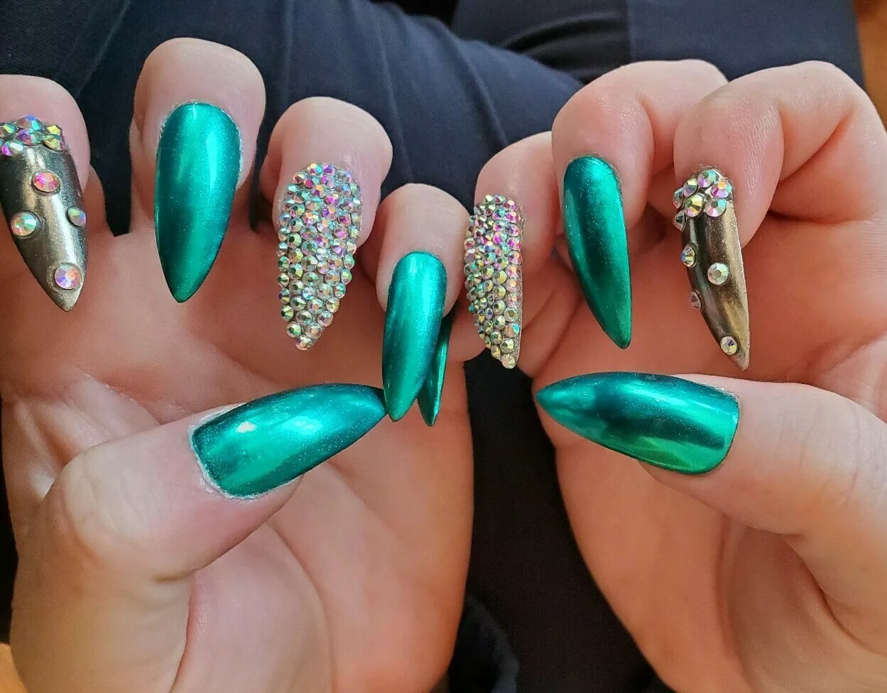Teal & silver chrome stiletto bling nails green crystal emerald Christmas set
