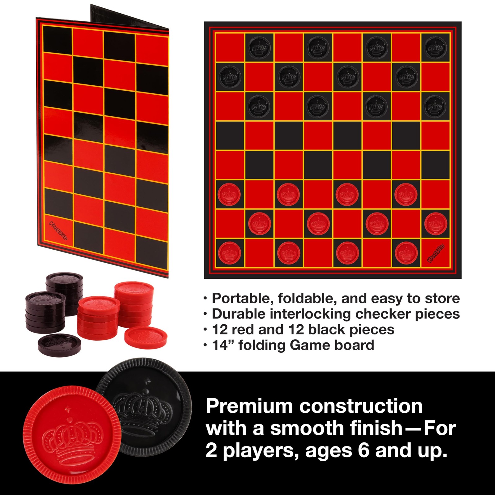 Kangaroo – Multiplayers Strategy Checker Board 15 x 15 inches, Red and Black