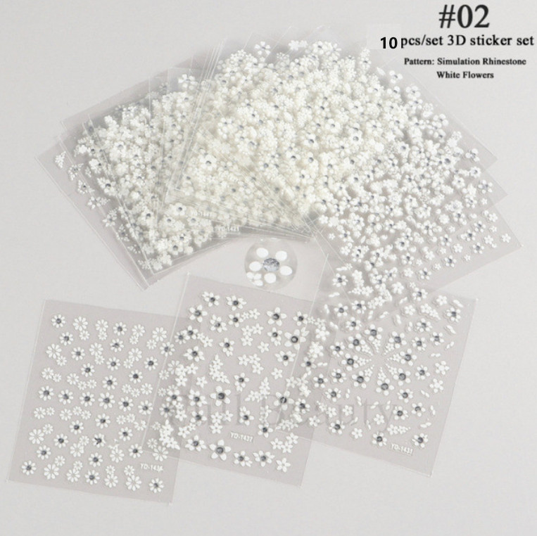10 Sheets Rhinestone White Daisy Flower Nail Art Sticker Decoration Manicure