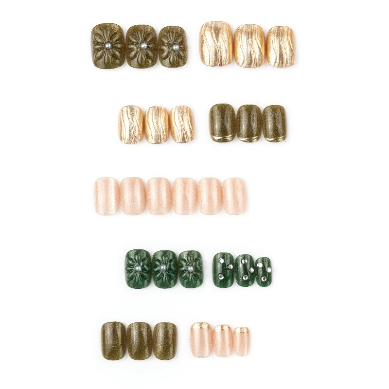 30Pcs-Dark Green 3D Flower Short Square Press on Nails Metallic Rhinestone Tips