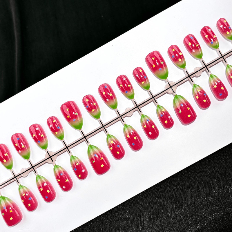 60 Pcs Watermelon Gradient Glitter Oval Press on Nails, Fresh Summer Fake Nails
