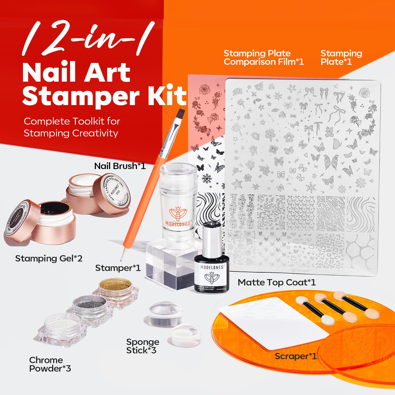 16 PCS Gel Nail Stamping Plate Set, French Tip Tool Gold Silver Pearl Chrome Pow