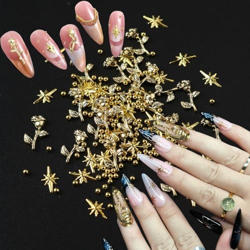 1Bag Metallic Rose Flower Star Nail Art Charms 3D Gold Beads Colorful -20