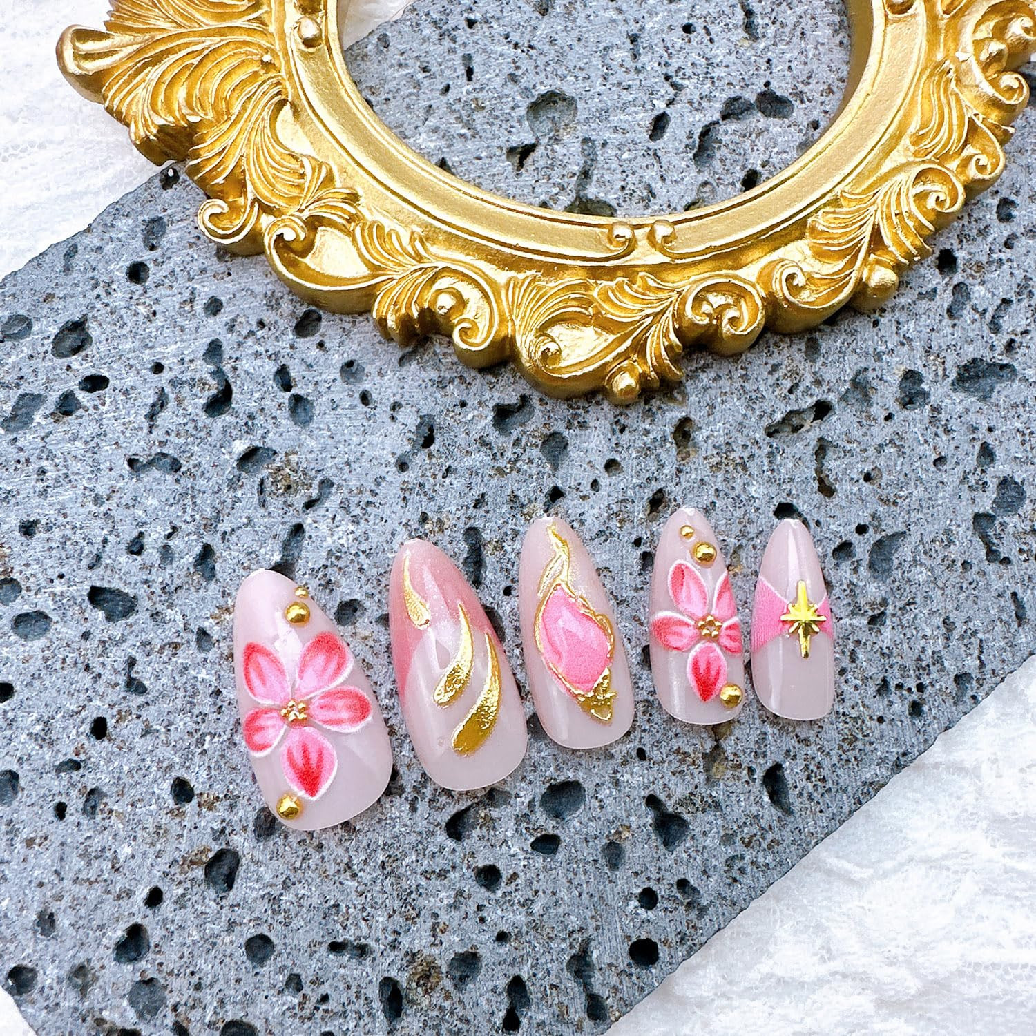24Pcs Flower Press on Nails Medium Almond Fake Nails with Gold Beads Star Design