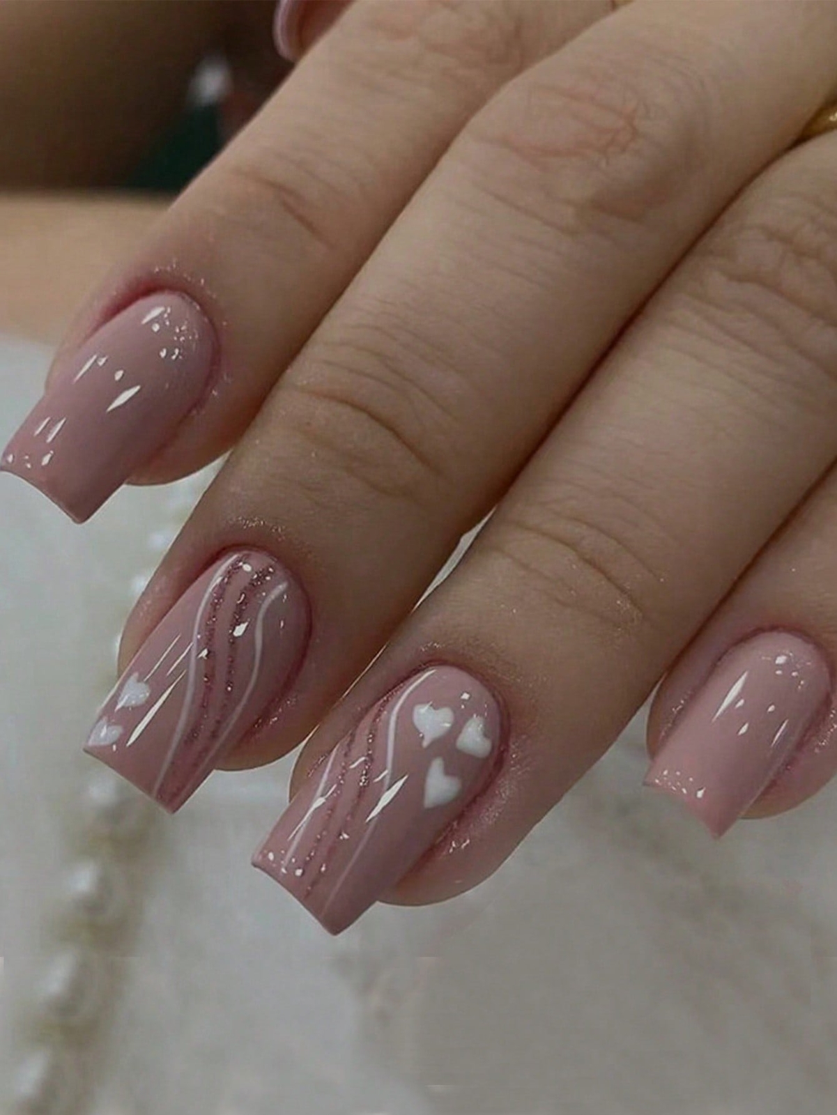 24pcs Short Square Simple Lines Of Love Pattern Heart Print Fake Nail False