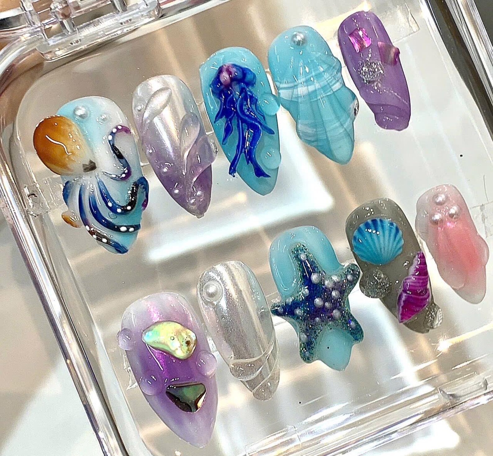 Handmade Purple Ocean Jellyfish Octopus Starfish Shell Almond Press on Nails