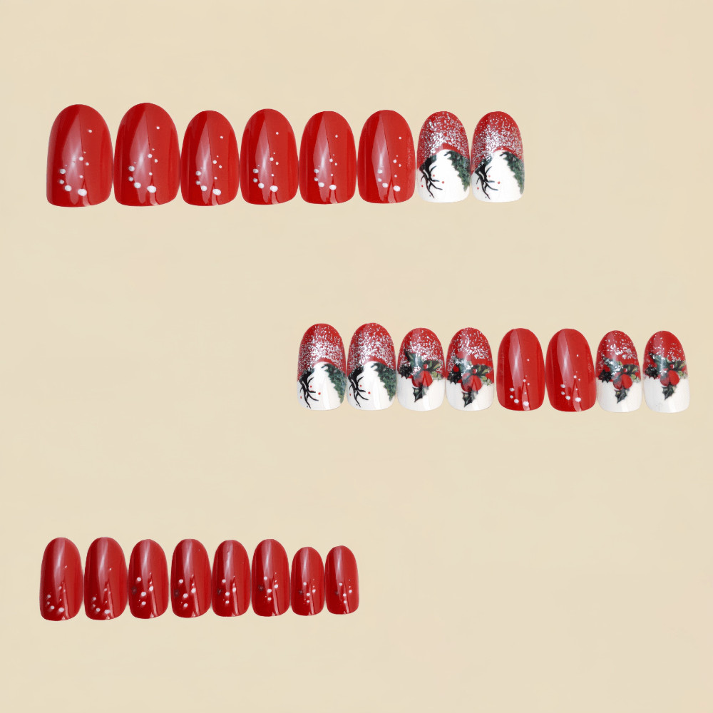 48Pcs Red Xmas Press on Nails Reindeer Holly Glitter Glossy Shiny Fake Nails