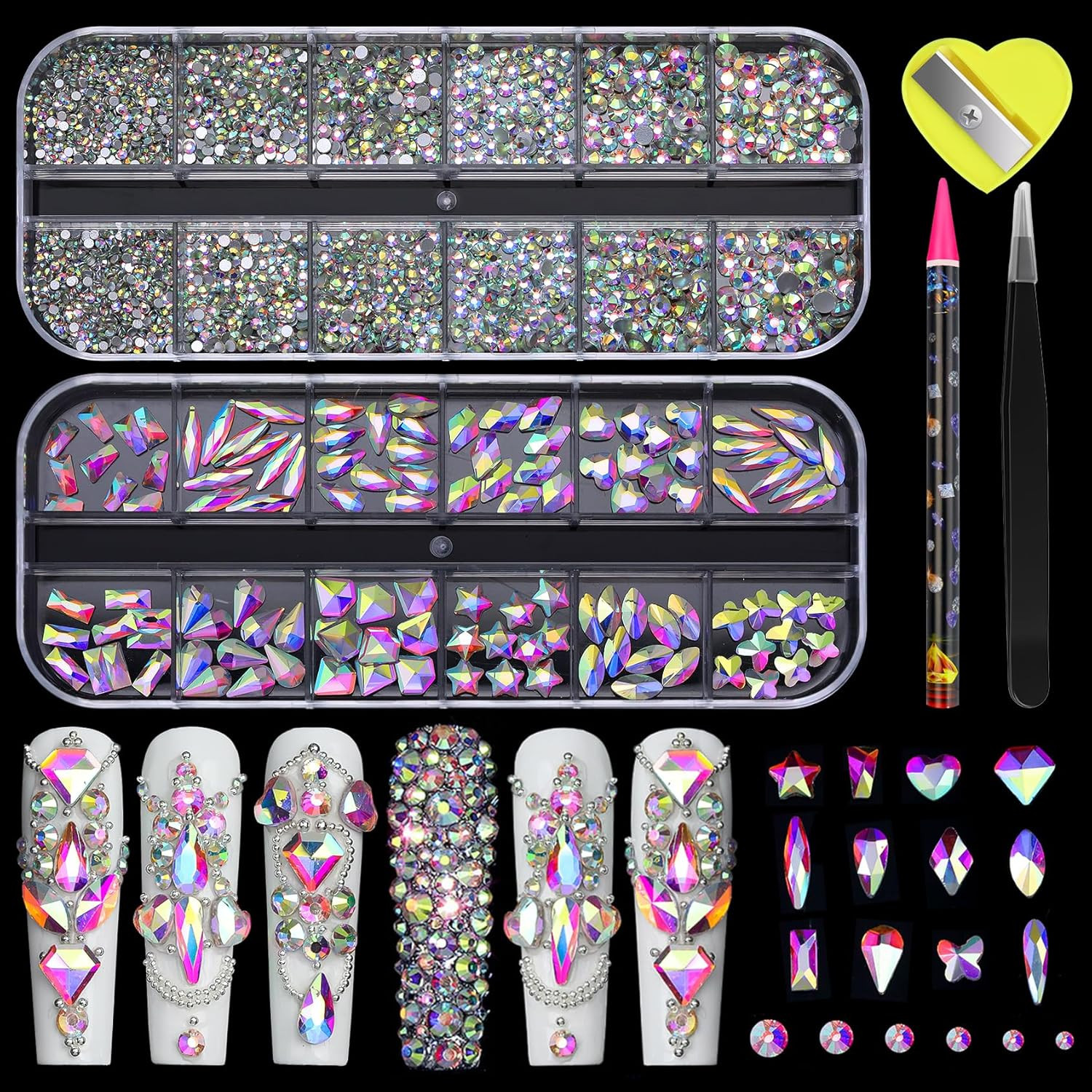 White Nail Rhinestones – 12 Types of Multi Shapes Diamonds & 12 Sizes Flatback r