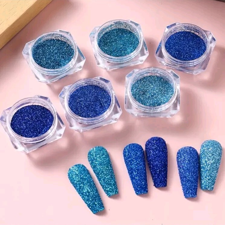 6pcs Cool Blue Ocean Glitter Nail Powder Set – Sparkling Sugar Sequins, Crystal