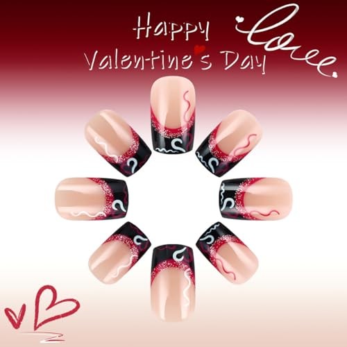 24 Pcs French Tip Press on Nails Short Square Heart Fake Nails with Glitter