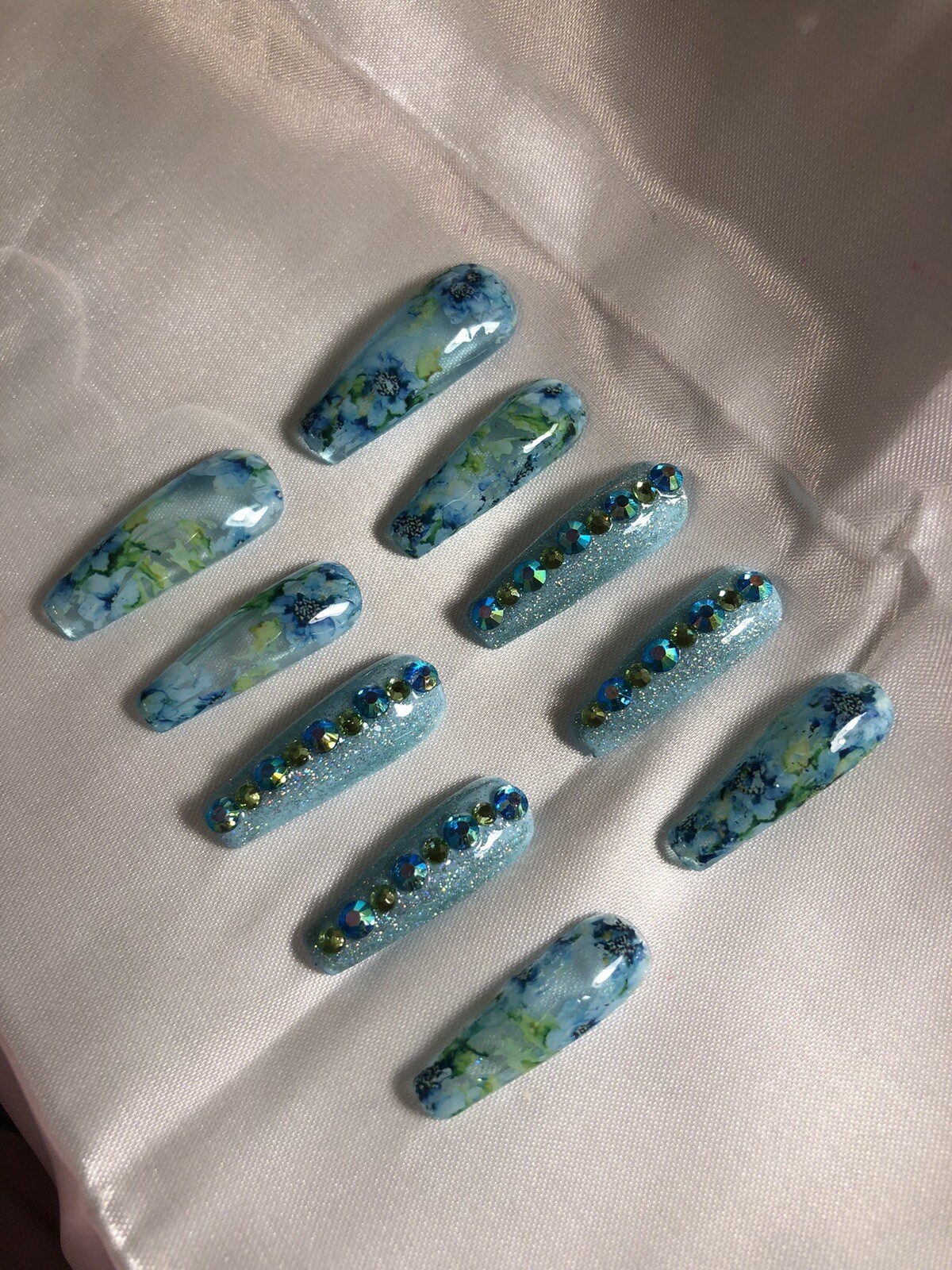 Z NAILZ! Gorgeous Set Of Handmade Custom Floral Blue Coffin Press On Nails