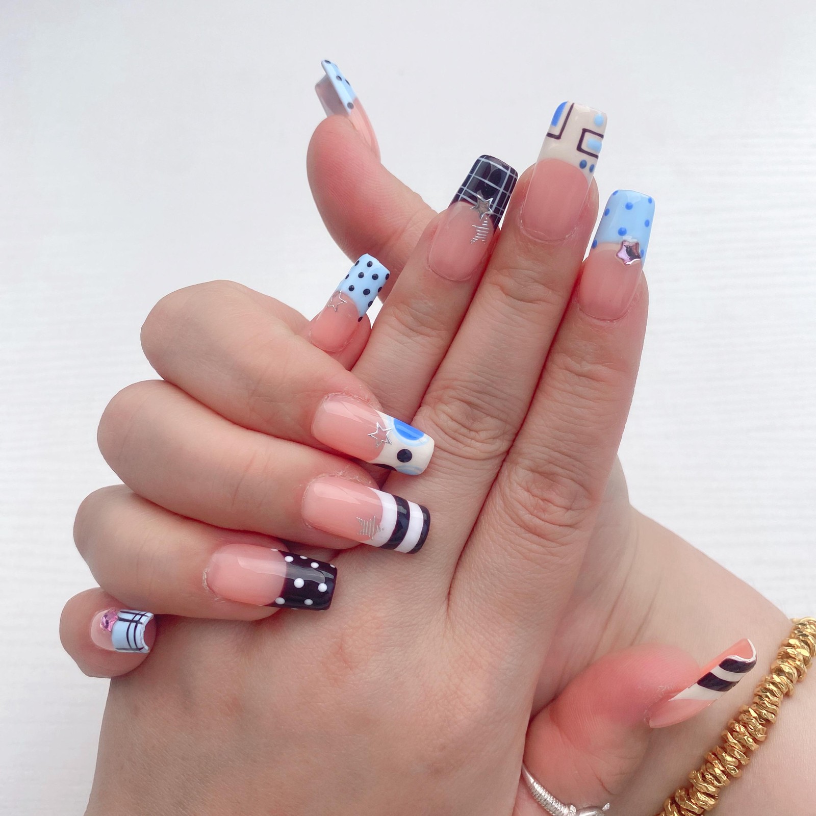 Custom Handmade French Tip Plaid Polka Dot Star Bow Long Square Press on Nails