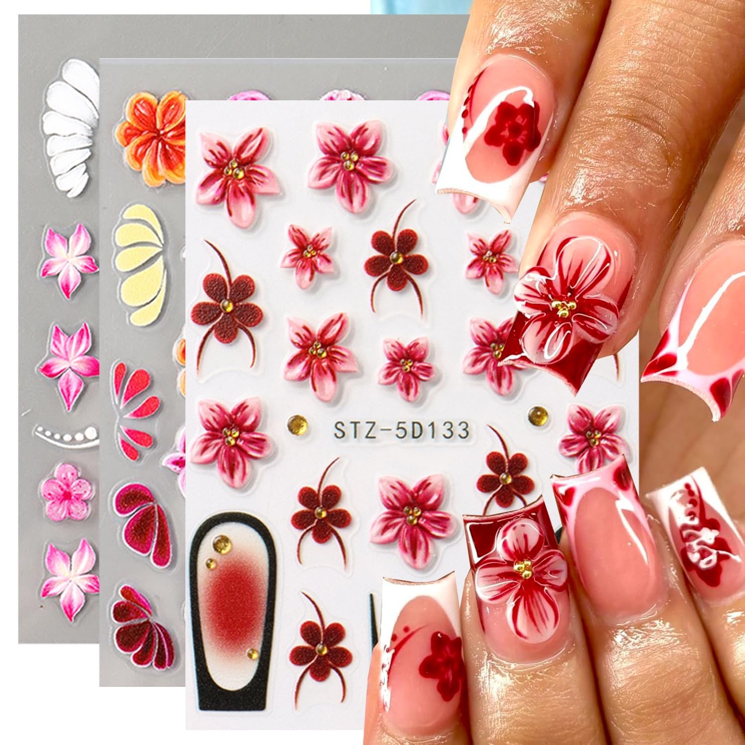 Flower Nail Stickers 3D Adhesive Nail Art Stickers 5D Embossed Nail Decals Re…