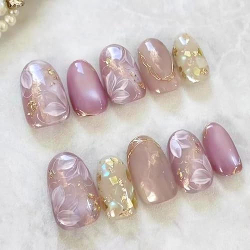 30Pcs Purple Glitter Press on Nails Medium Almond Fake Purple Glitter Flower-11
