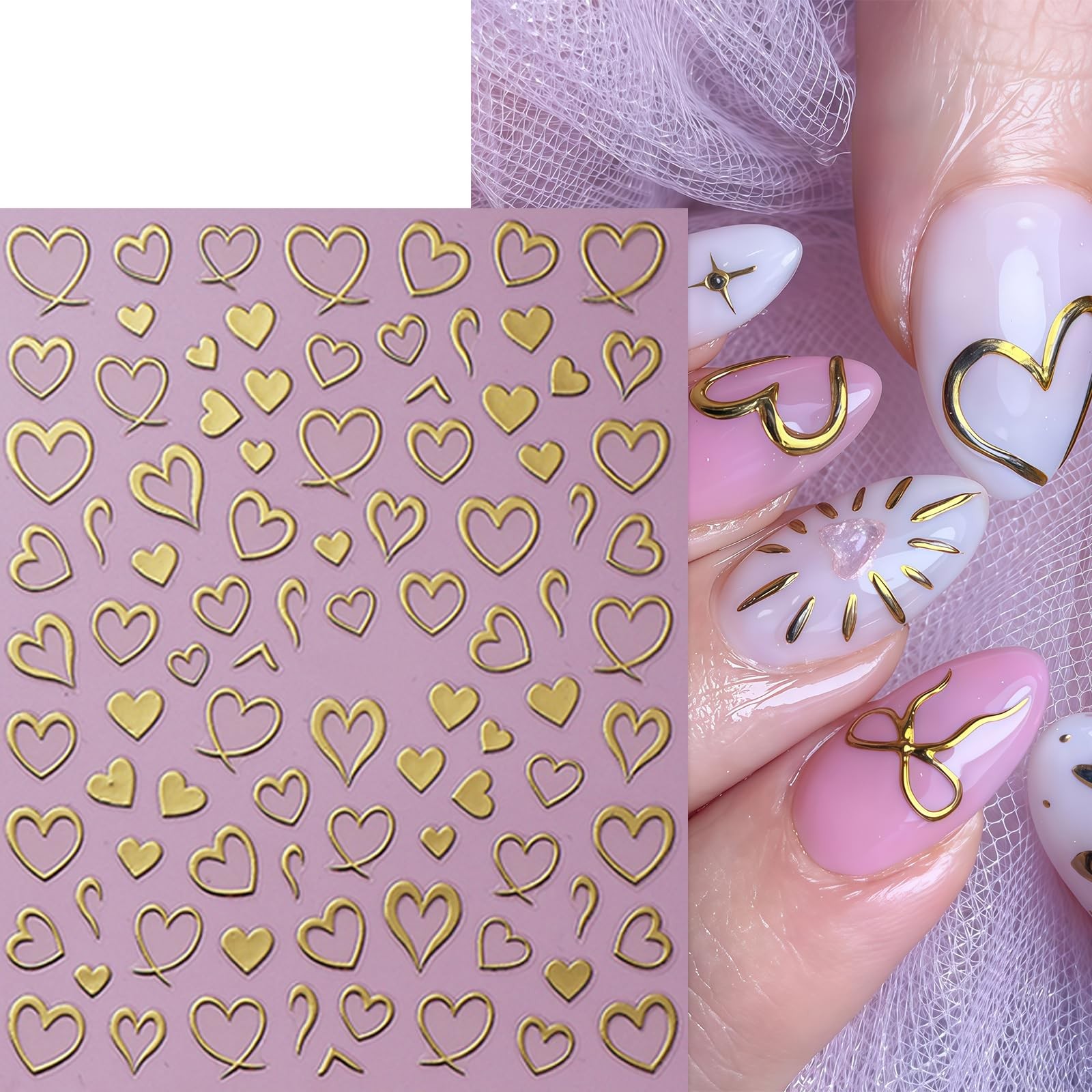 8Sheets Valentines Day Heart Nail Art Stickers Metallic Heart Nail Decals Min…