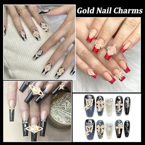 120 Pcs 12Styles 3D Gold Alloy Nail Charms Kit, Dollar Crown Butterfly gold-S1