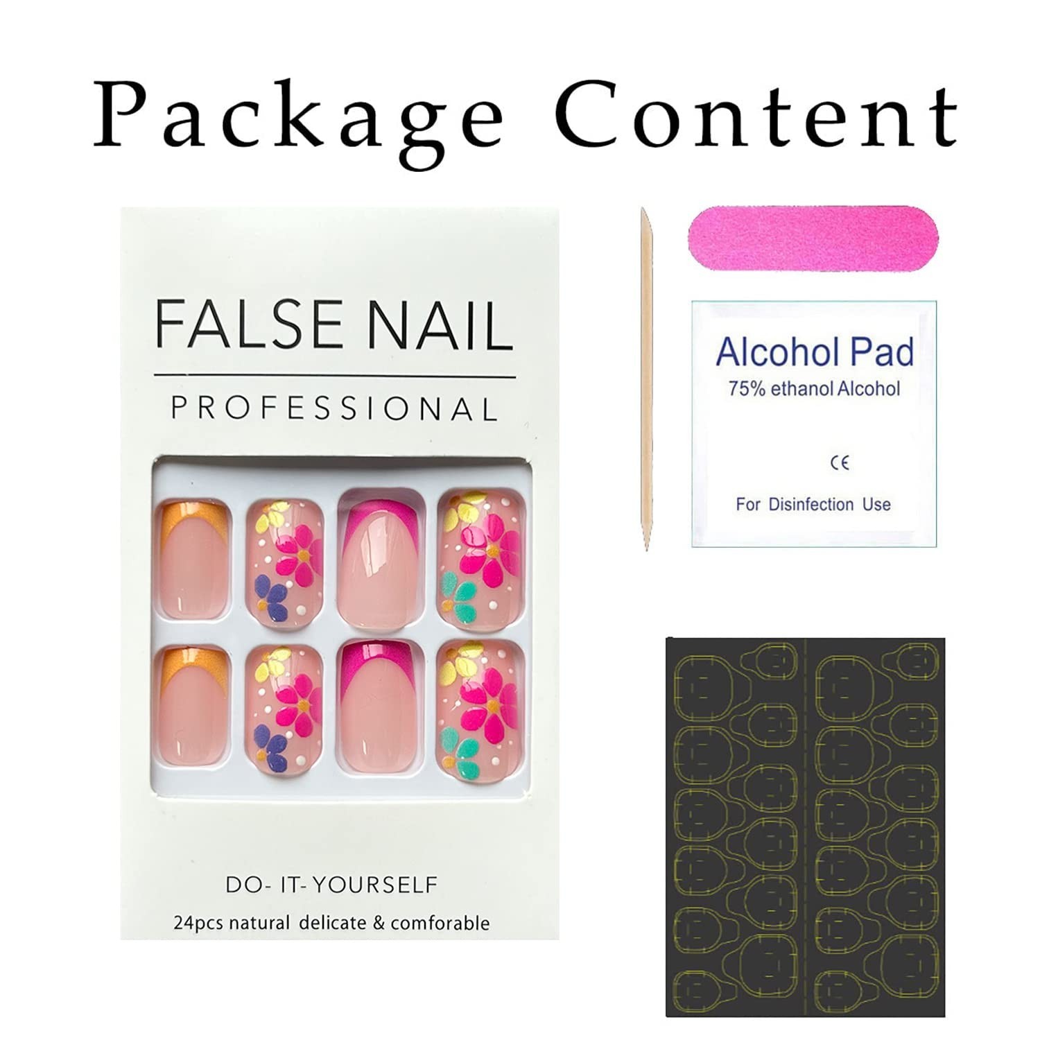 24-Pack Short Square French Tip Fake Nails – Glossy Nude Pink with Flowers