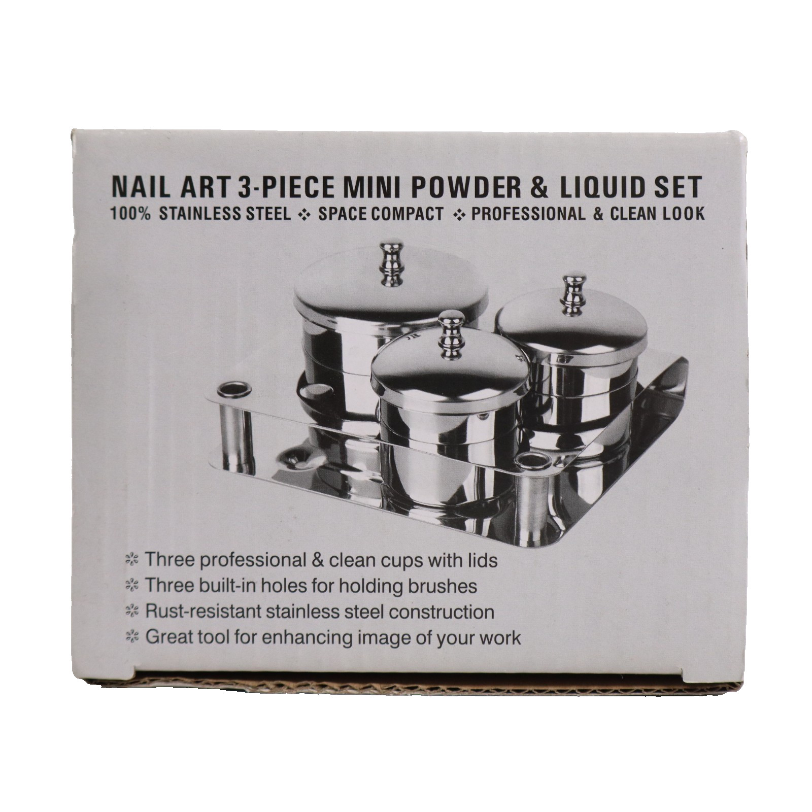 Nail Art 3 Piece Manicure Mini Liquid & Powder Jar Set Stainless Steel