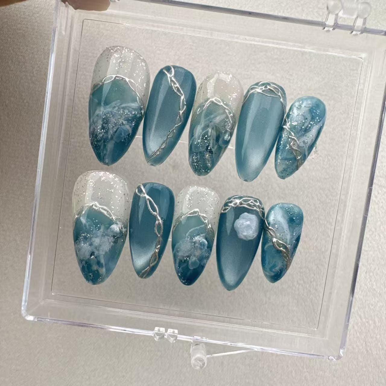 Custom Pure Handmade Nails Lake Blue Ink Silver Chain Gold Foil Cool Manicure